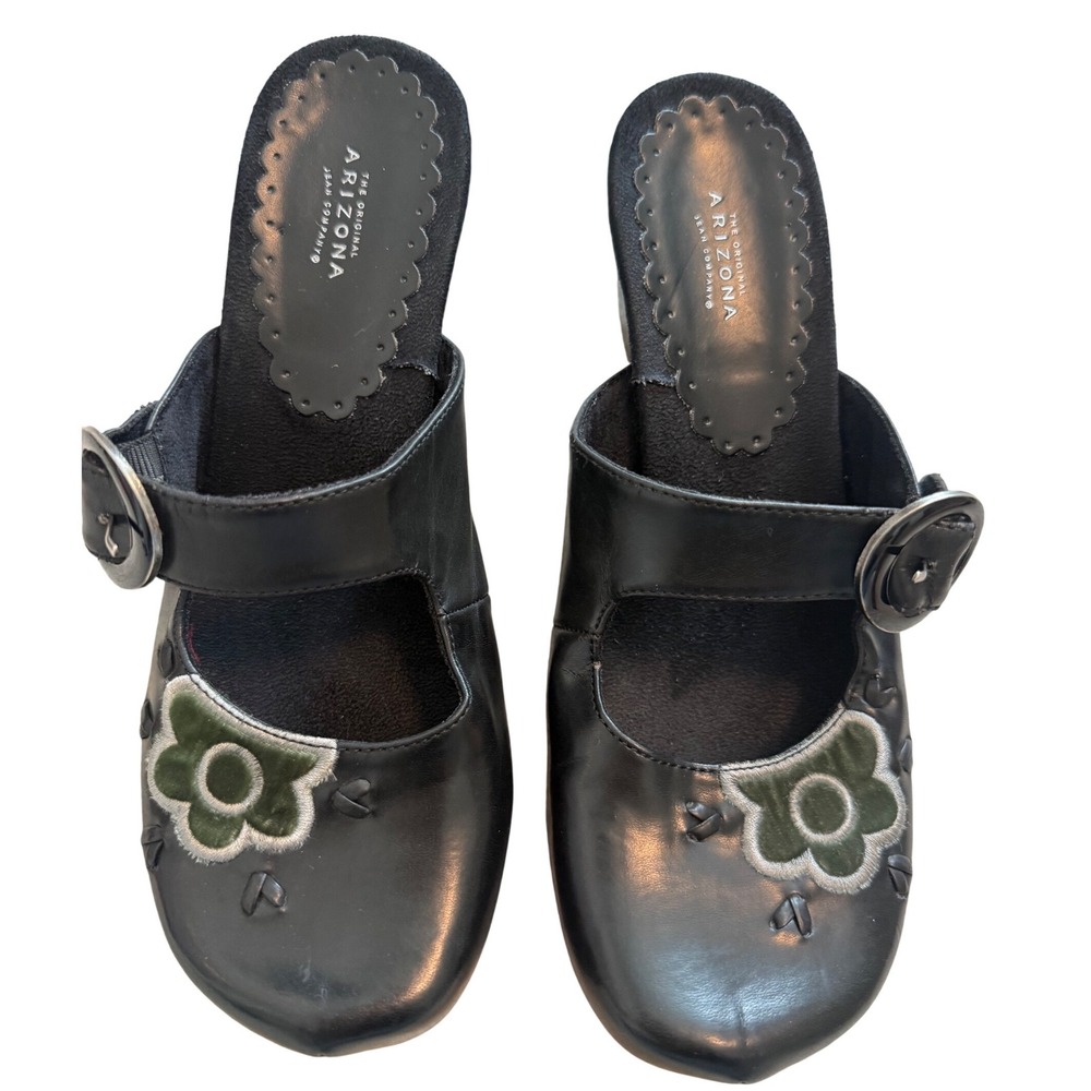 Arizona Jean Company Black Floral Wedge Mules Green Velvet Flower Sz 7-7.5 (Y2K)